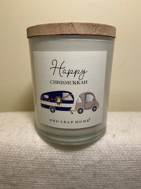 Red Leaf Home Balsam Fir Candle 11 oz Happy Chrismukkah Glass Jar w/ Wooden Lid